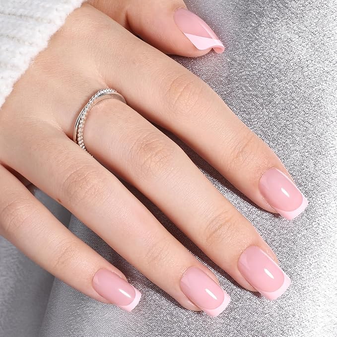 Pink French Tip Press On Nails - Pink Short Almond Fake Nails, French Tip Press On Nails Reusable Stick On Nails in 16 Sizes, 32pcs False Nail Kit for Women & Girls