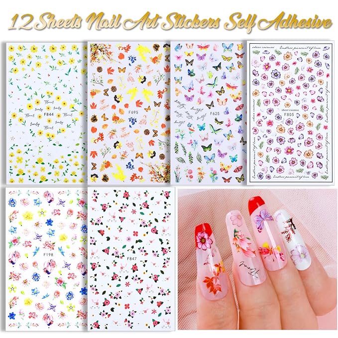 Nail Art Sticker, 12 Sheets Nail Art Stickers Flower Nail Stickers Decal 3D Self-Adhesive, Teenitor Nail Art Decoration with Nail Glitter Butterfly Sequins Nail Foils Nail Flower Slices