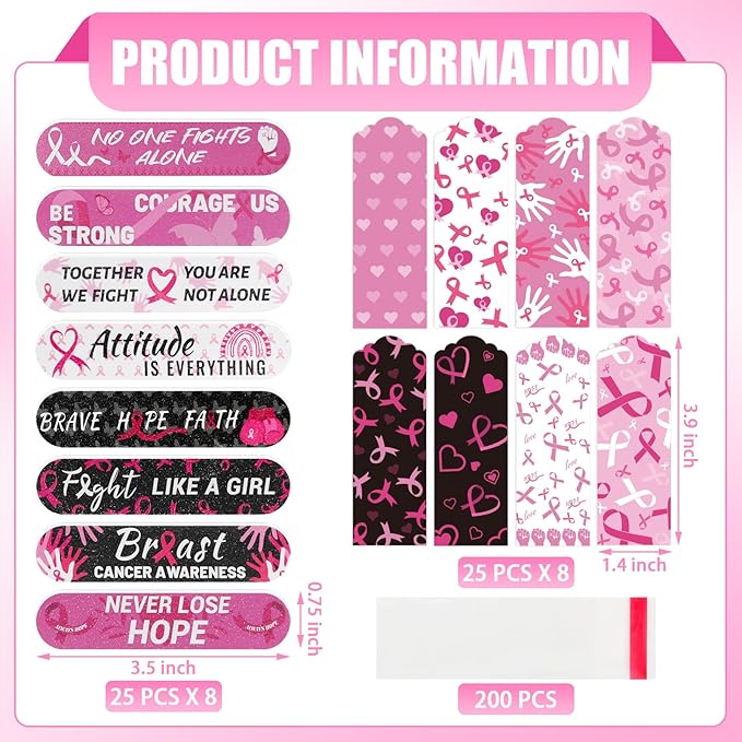 200 Pack Breast Cancer Awareness Accessories Bulk Nail Files Items, Pink Ribbon Emery Board Gifts for Breast Cancer Survivor Women Party Favors Giveaways