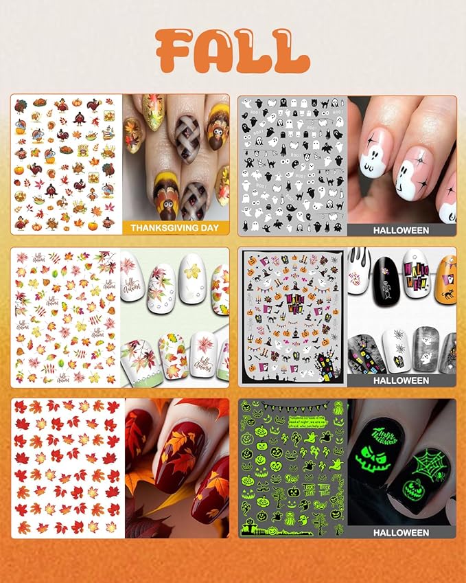 24 Sheets Seasonal Nail Art Stickers, Four Season Variety Pack All Holiday Nail Decals, Self-Adhesive Varied Design for Flowers Butterflies Halloween Christmas Spring Summer Fall Decoration