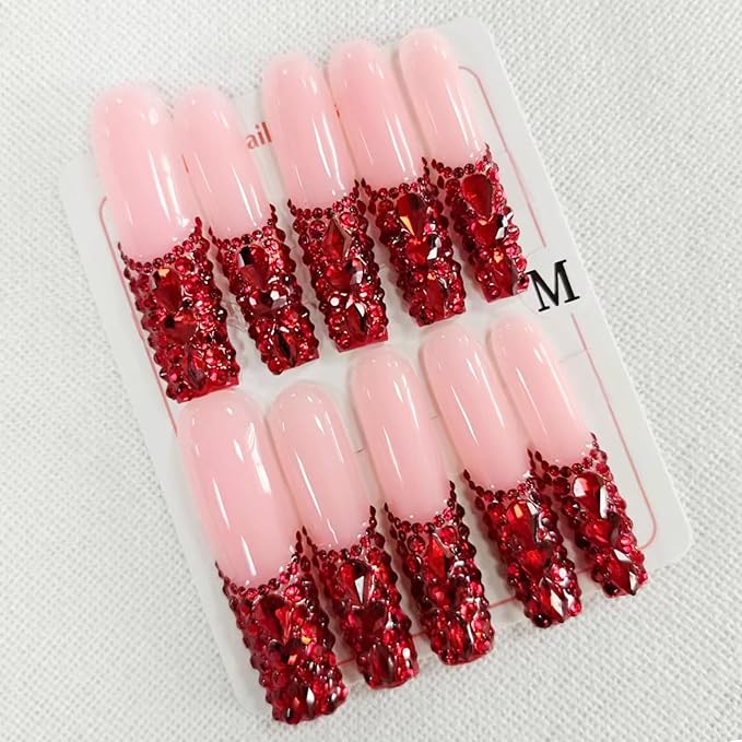 10Pcs Luxury Rhinestone French Tip Fake Nails Handmade Square Press on Nails Extra Long False Nails with Designs Pink Sparkly Full Cover Reusable Acrylic Nails Press ons for Women DIY (Size M)