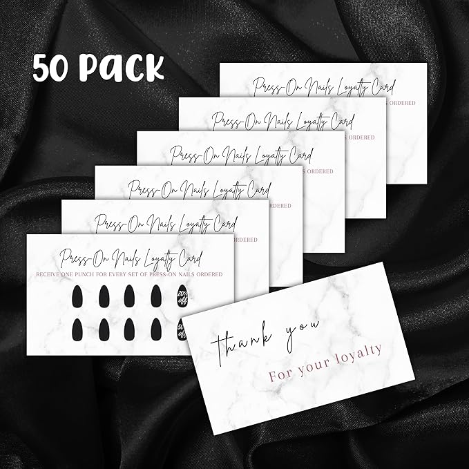 Boutique Marketing LLC Press-On Nail Loyalty Discount Cards | 50 Pack | 2x3.5 Inch inch Business Card Size | DIY Press-On Nail Kit | Marble Look with Black Nail Design,marble,black,white