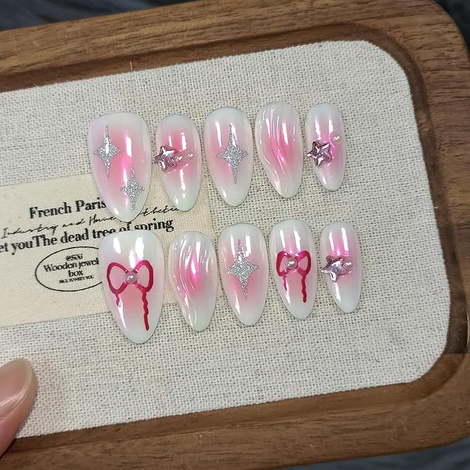 Aurora Pink White Nails with Stars Bow Ties Handmade Press On Nails Almond Acrylic Nails Press ons Y2k Sweet Cool Soft Gel Manicure Art For Women Reusable Glue On Nails 10pcs/Box(S)