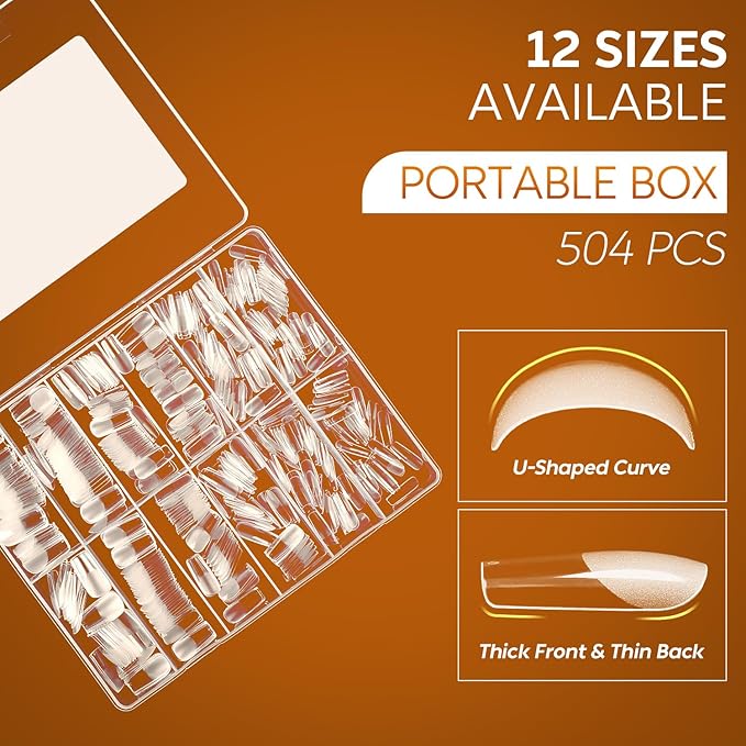 Nicedeco Medium Square Fake Nail Tips, 504Pcs Medium Soft Gel Nail Tips Pre Etched Half Matte Full Cover Clear Acrylic Gel Kit False Press on - 018