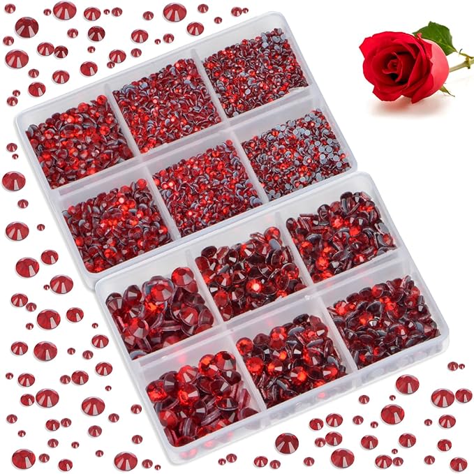 Bymitel Hotfix Crystal Rhinestones Round Gems for Crafts,Mixed 6 Sizes with Wax Pencil Kit, Siam 1.6-6.3mm SS4-SS30/8000pcs