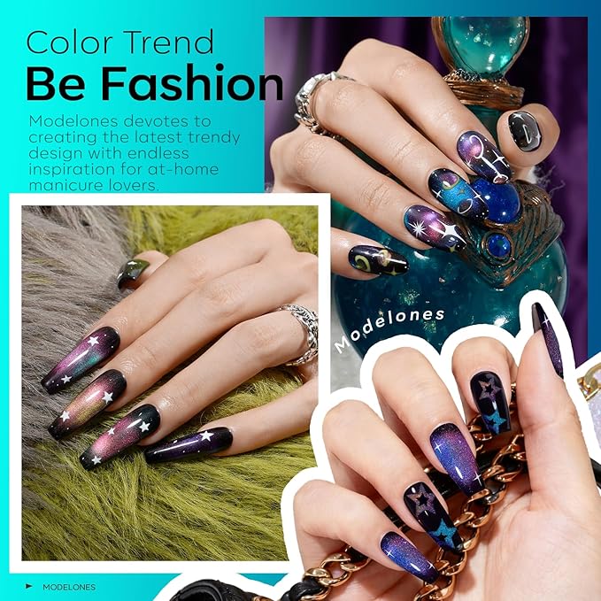 modelones Gel Nail Polish Set, 6 Colors Holographic Colorful Rainbow Glitter Cat Eye Gel Polish Black Purple Blue Green Yellow Coral Pink Nail Polish with Magne Soak Off LED Manicure DIY Gift