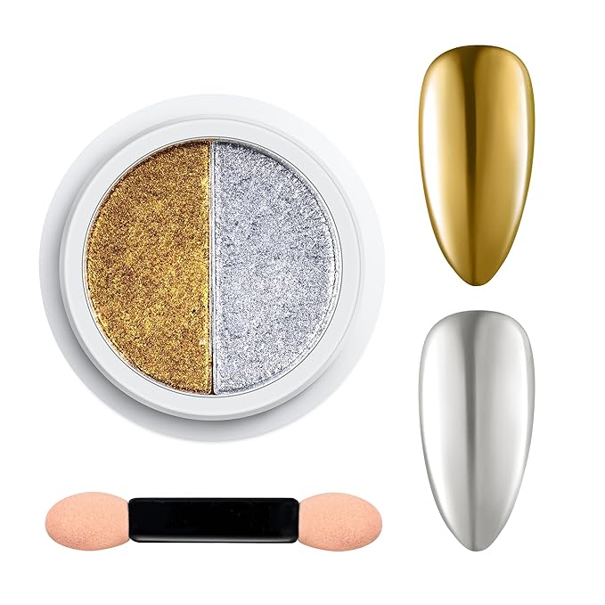 Beetles Chrome Nail Powder 2 Colors Mirror Effect Gold Silver Metallic Crome Powder for Nail Solid Pigment Nails Art Decoration Glitter Manicure Design Gift for Women