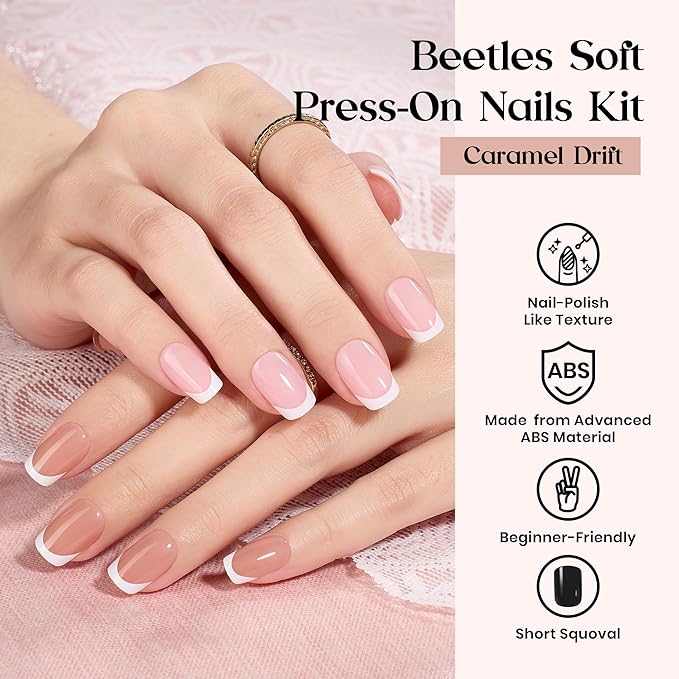 Beetles Press On Nails Kit - Caramel Drift | 360Pcs 12 Colors Short Square Press On Nails | 15 Sizes French Glossy Glitter Jelly With Nail Glue & Nail Tabs Stickers, Fake Nails Kit Art For Women