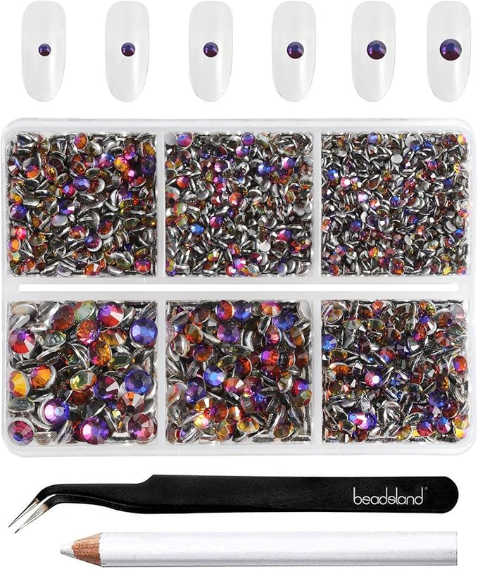 Beadsland 4300pcs Flatback Rhinestones,Blue Rhinestone Nail Gems Round Crystal Rhinestones for Crafts,Mixed 6 Sizes with Picking Tweezers and Wax Pencil Kit, SS6-SS20,Blue Volcano