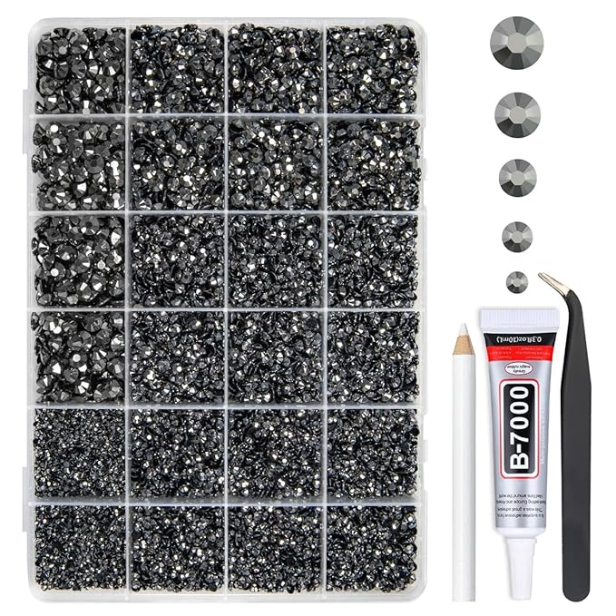 Metallic Gray Resin Rhinestones w B7000 Glue for Bedazzling Crafting 2mm-6mm Flatback Gems Stones Steel Grey Diamonds Bedazzler Kit for Nails Face Eyes Makeup Tumblers Bottles DIY Crafts Shoes