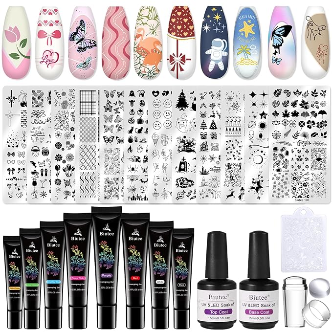 Biutee Nail Stamper Kit 12Pcs Nail Art Stamping Plate 8 Colors Stamp Polish Gel with Top Coat and Base Coat Set Silicone Stamper Scraper, Nail Stamp Plates Love Flower Butterfly Leaf Holiday Design