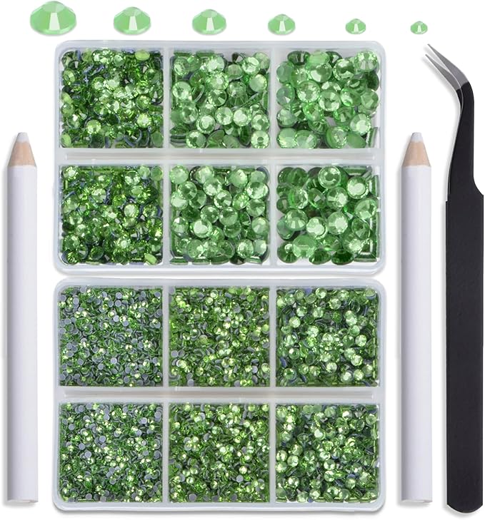 NCB Hotfix Iron on 8000pcs Crystal Rhinestones Round Gem for Crafts Decoration DIY Jewelry Making with a Tweezers and 2 Picking pens (Peridot, 6Sizes SS4-SS30)