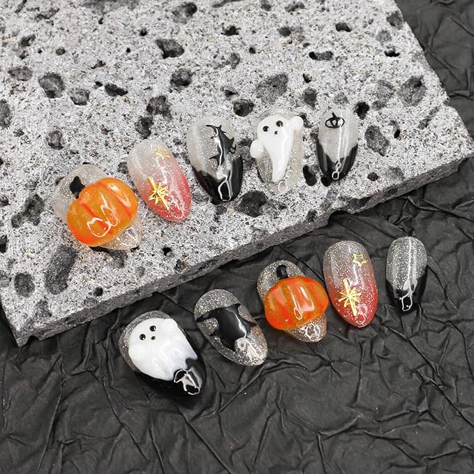 Halloween Press on Nails Handmade 3D Cute Little Ghost & Pumpkin Fake Nails Design Muti-Layer Gel Acrylic Nail Glitter Stick on Nails Full Cover Short Almond Black French False Nail for Women (Size S)