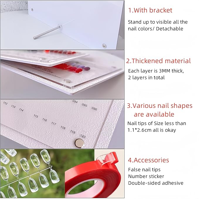 Acycoin2A 120 Nail Color Display Board Nail Art Sample Chart Acrylic Gel Polish Rack Colors Showing Shelf with False Nail Tips and Number Sticker