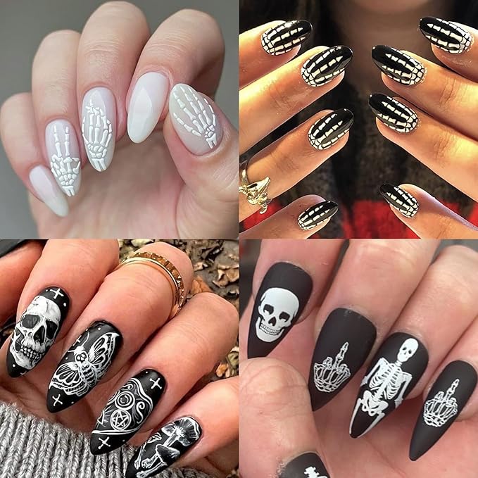Halloween Bone Nail Stickers, 4 Sheets Embossed Skeleton Finger Self-Adhesive 5D Nail Art Decals for DIY Skull Manicure