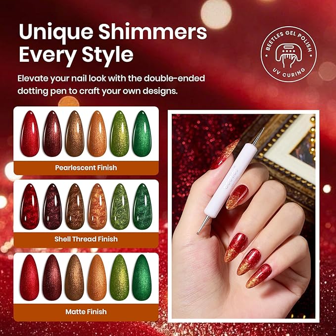 beetles Gel Polish Set - 6 Colors Glitter Brown Orange Red Green Colors Shimmer Nail Drawing Swirl Shell Thread Effect Gel Polish Kit Soak Off Led UV Nail