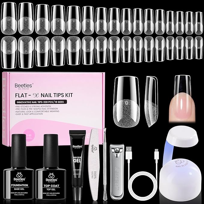 Beetles Gel Nail Kit Flat-X, Square Medium, 320pcs 16 Sizes Nail tips, with 15g Nail Glue Gel Hands-Free, 7.5ml Base Gel & Top Coat, Mini Lamp, for Acrylic Press On Nail, Extension DIY Set at Home