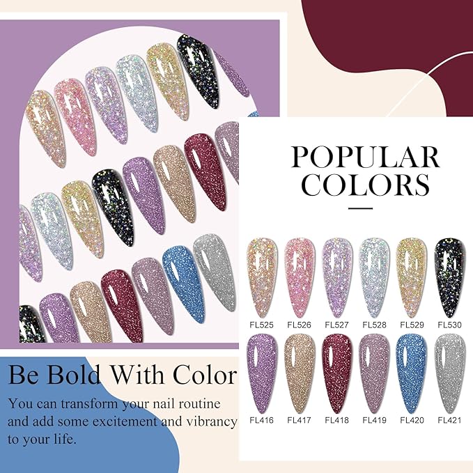 Reflective Glitter Gel Polish 12 Pcs, Flash Dimond Black Gold Silver Nail Polish Sparkly Shiny Nail Art UV LED Curing Need Nail Gel for Manicure DIY and Salon 7ML