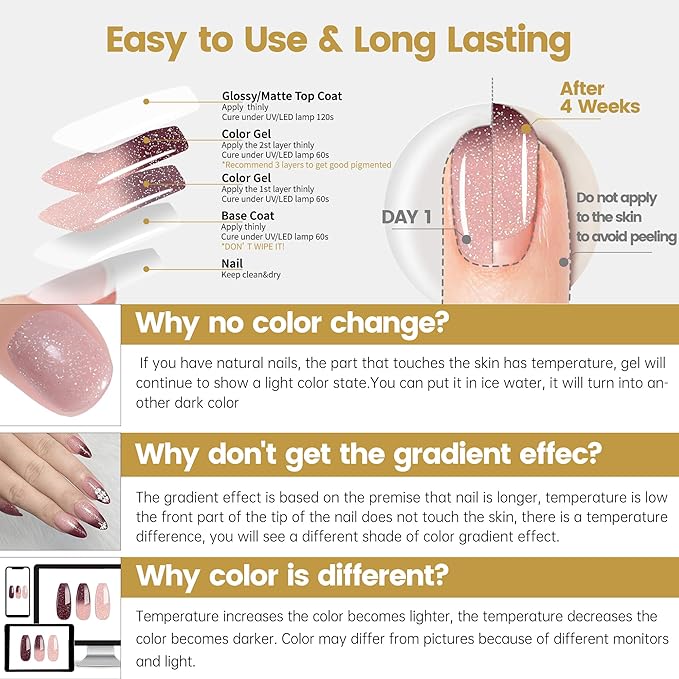 YTD Likomey Color Changing Gel Nail Polish,15ml Light Pink To Burgundy Glitter Mood Temperature Change Colors Ombre Thermal Salon Home Fall Winter Manicure UV Varnish,WB209