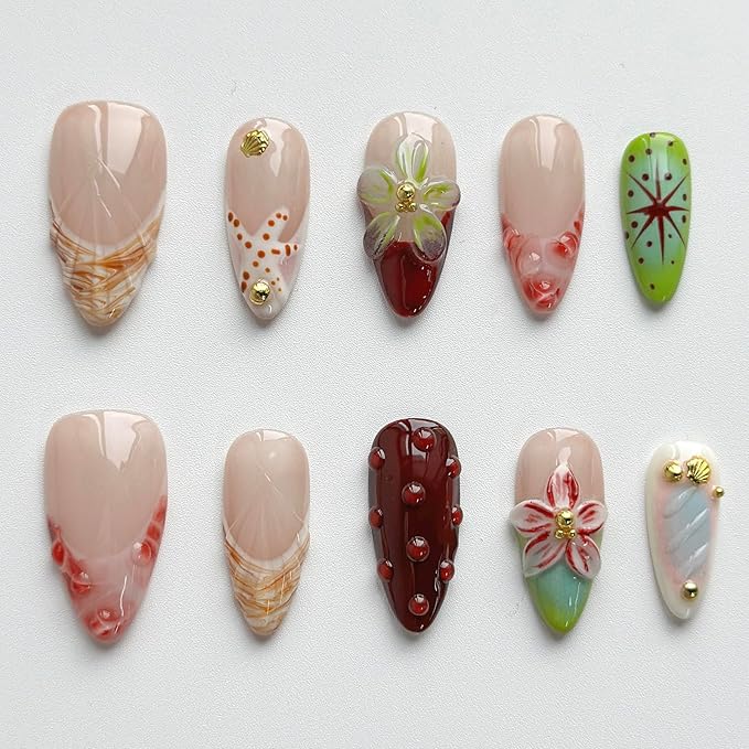 Luxury Press on Nails Medium Almond Handmade 3D Unique Reusable ABS Material Fake Nails French Tip False Nails with Designs Starfish Water Drop Red Flower Glossy Glue on Nail Thick Acrylic Nail(M)