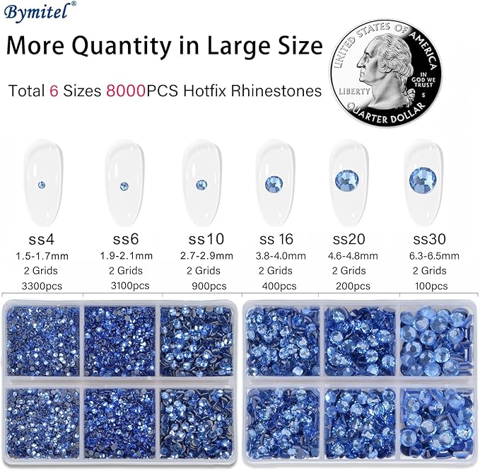 Bymitel Hotfix Crystal Rhinestones Round Gems for Crafts,Mixed 6 Sizes with Wax Pencil Kit, Lt. Sapphire 1.6-6.3mm SS4-SS30/8000pcs