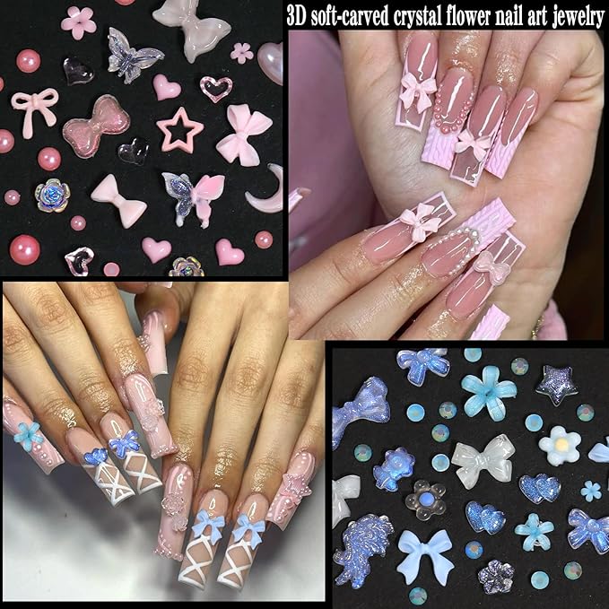 Nail Art Charms - 3D Flower Charms & Manicure Beads, Color Bow, Half Round Pearls, Flatback Rhinestones, Butterfly Nail Art Charms, with Kit, for Nail Art Supplies DIY Accessories
