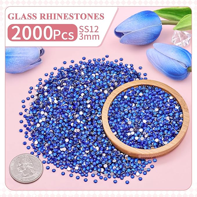 2000PCS SS12/3mm Crystal Rhinestones (Blue/Sapphire), Bedazzling Flatback Glass Rhinestones for Crafting, Gems Diomand Charms for Tumbler Shoes Clothing Mugs Nail Art