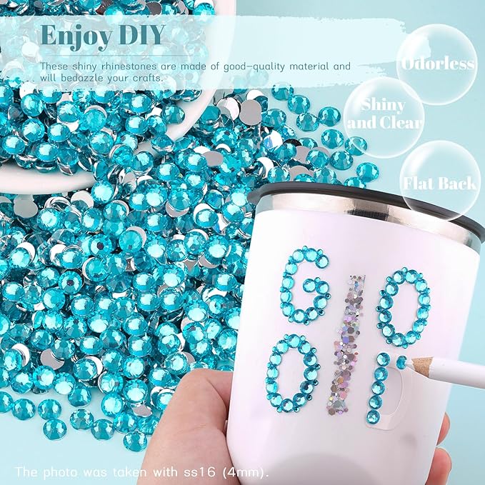 6000PCS 4mm Resin Rhinestones Bulk for Crafting (Indicolite), Flatback Bedazzling Crystals for Crafts DIY Nail Decoration, Gems Charms for Tumbler Shoes Clothing Fabric with Pickup Pen and Tweezers