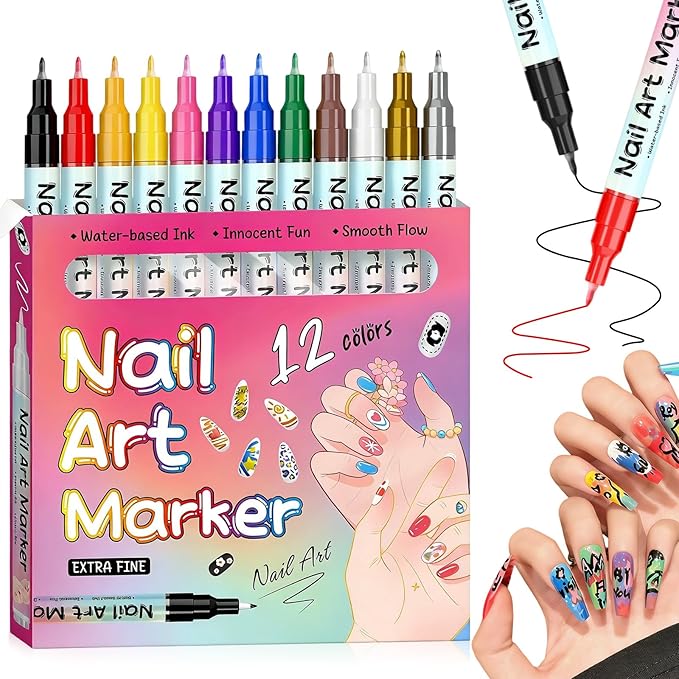 12 Colors Nail Art Pens,Nail Art Markers Polish Pen for 3D Nail Art,Drawing Painting Liner Brush for DIY Nail Art Beauty Adorn Manicure Tools,Long Lasting (1 set)