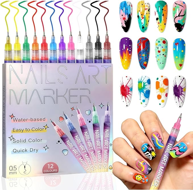 12 Colors Nail Art Pens Set, Quick Dry Nail Art Markers & Nail Polish Pens for Drawing, Painting and Dotting, DIY Manicure Tools for Nail Design, Home Salon Use