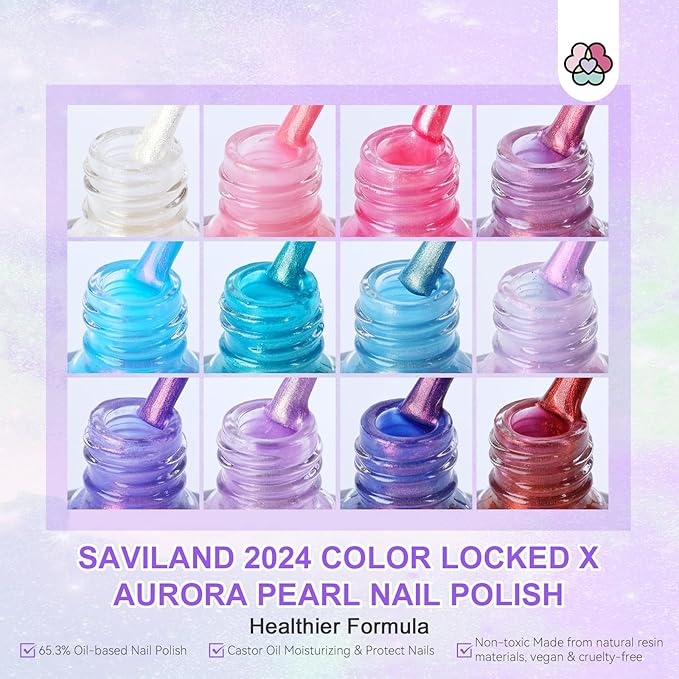 SAVILAND Pearl Nail Polish Set: Shimmer Glitter Aurora Quick Air Dry Nail Polish White Pink Purple Mermaid 12 Colors with Base and Nail Top Coat Manicure Salon DIY At Home Gift