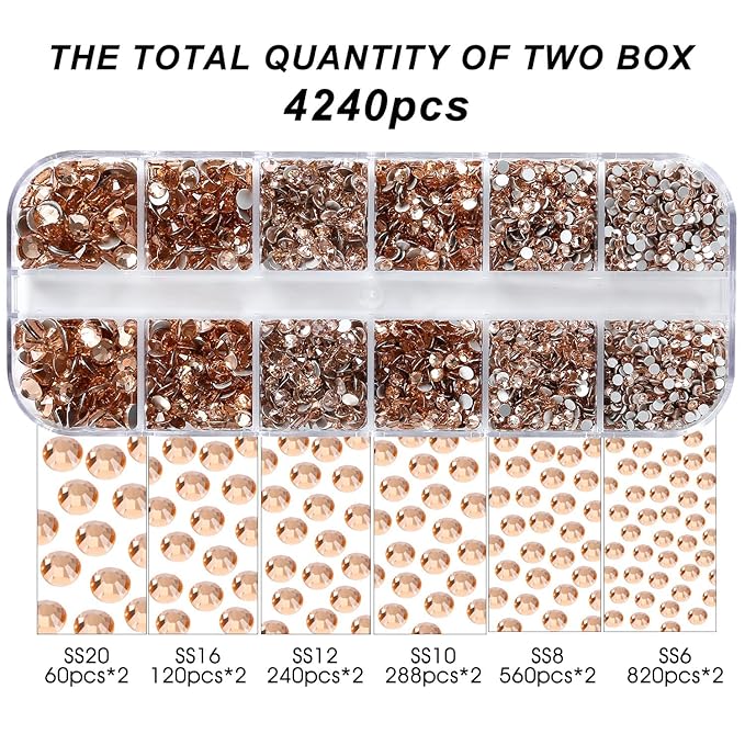 4240Pcs Champagne Flatback Rhinestones 6 Sizes Crystal Diamonds for Nail Art Crafts Clothes Shoes with Tweezers and Picking Pen