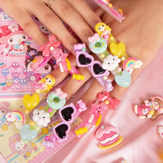 LOVFUL Press on Nails Candy Junk | Handmade with Full Covered Crystals | Reusable Fake Nails | Square XL 2.68in | H55-S