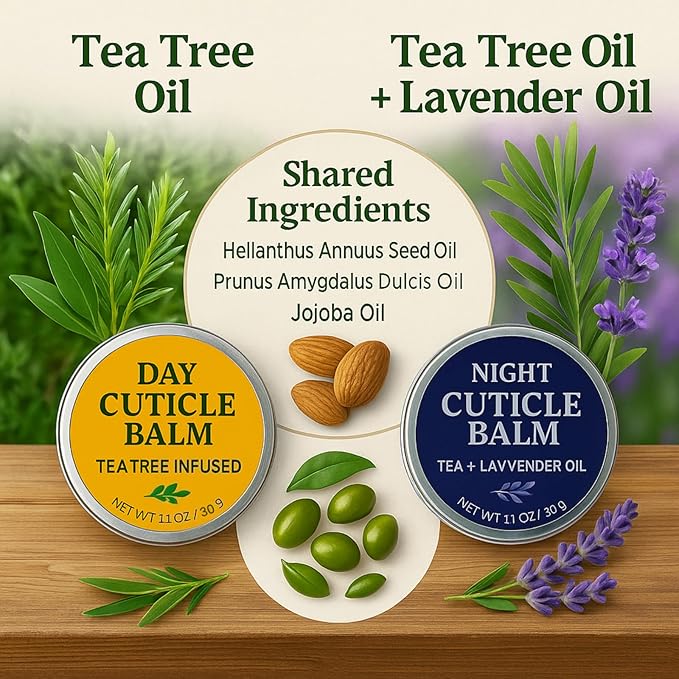 Tea Tree Oil Cuticle Balm Day & Night Set - Cuticle Cream & Butter for Dry, Damaged Cuticles - Includes Brush for Easy Application - Cuticle Healing Treatment Moisturizer, 1.1 OZ 2PK