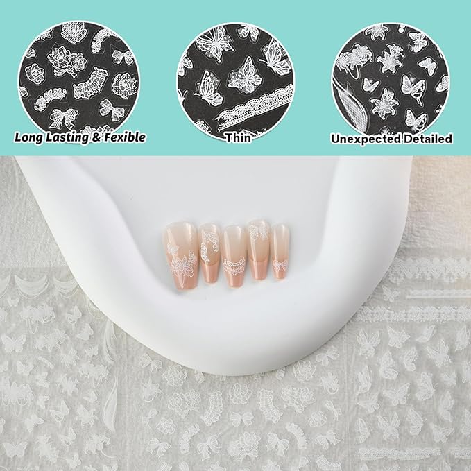 Lace Butterfly Nail Art Stickers, Thin White Nail Decals, Self-Adhesive, Summer Spring Nail Accessories for Women, Nail Decorations 3 Sheets