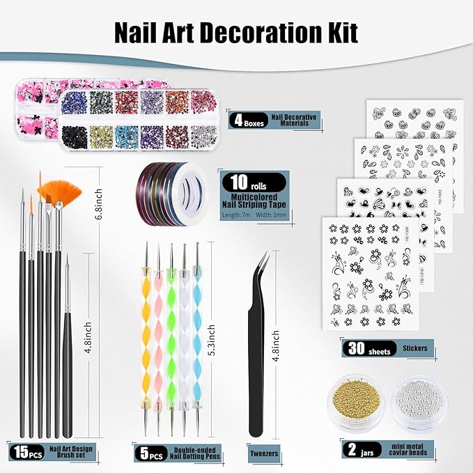 Nail Art Brushes Set,Nail Art Kit for Beginners,Brushes Dotting Pens with Striping Tape,Mini Caviar Beads,Rhinestones,Pearls,Foil Flakes,Sequins,Stickers Manicure Design Tools(Black)