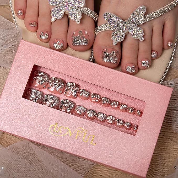 LOVFUL Press on Toenails Silver Wind | 20 PCS Free Size Toe Nails | Reusable Fake Nails for Toe | T126