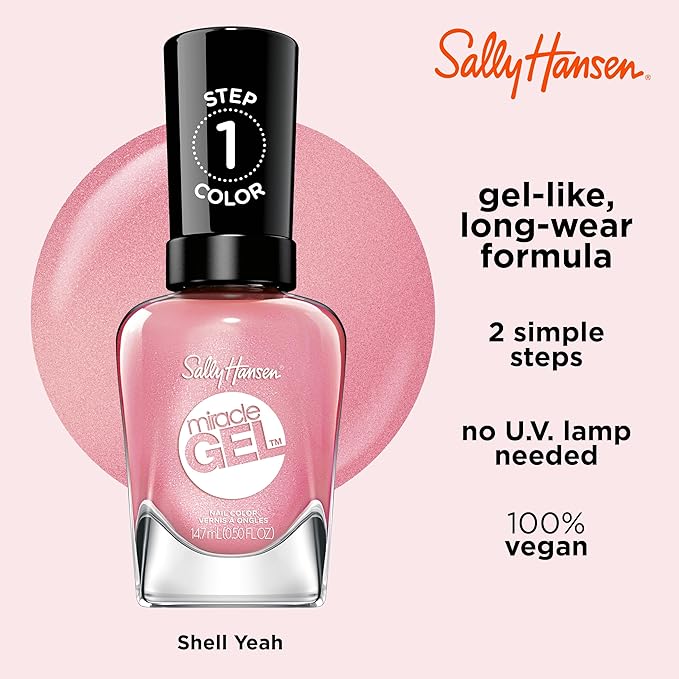 Sally Hansen Miracle Gel Salon Quality Nail Polish | Gel-Like Formula, Two-Step System, No UV Light Needed, Long Lasting | Opaque, Glossy | 250 Shell Yeah | Light Pink Nail Color
