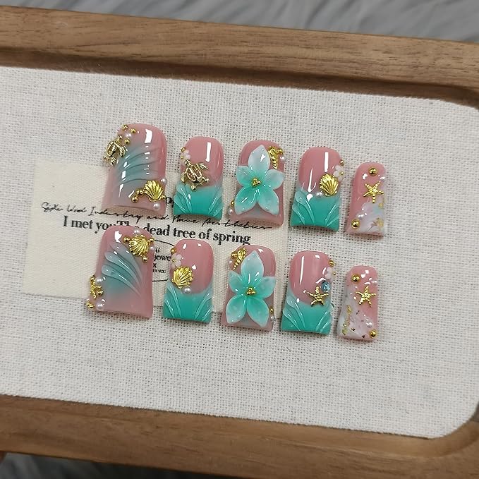 Duckbill Press on Nails - Ocean 3D Floral Teal Blushing Ombre Design | Icy Glossy Duck Fake Nails with Handmade Carving | Mermaid Y2K Style Glue on Nails for Resort Vacation(L)