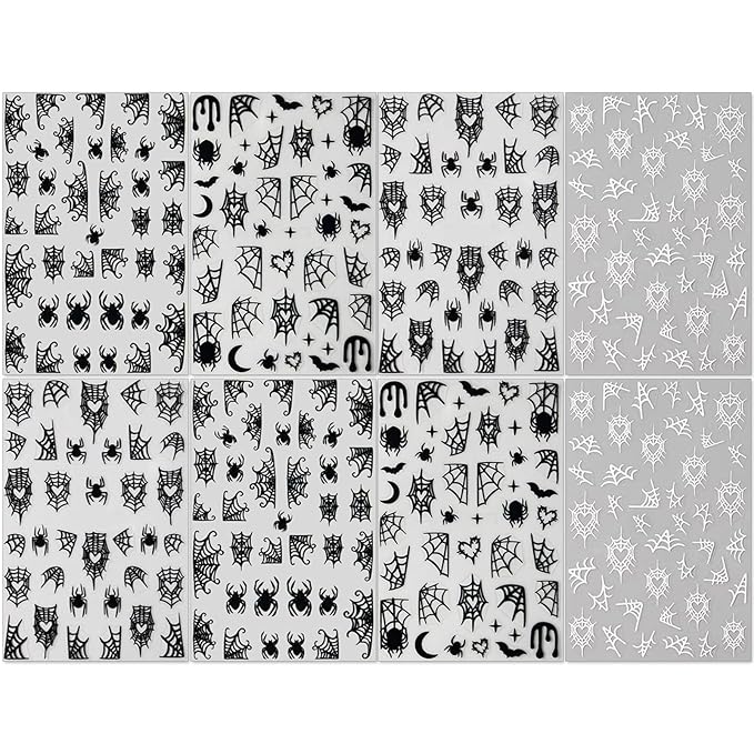 Halloween Spider Web Nail Stickers, 8 Sheets Black White Web Self-Adhesive 3D Nail Art Decals for DIY Manicure