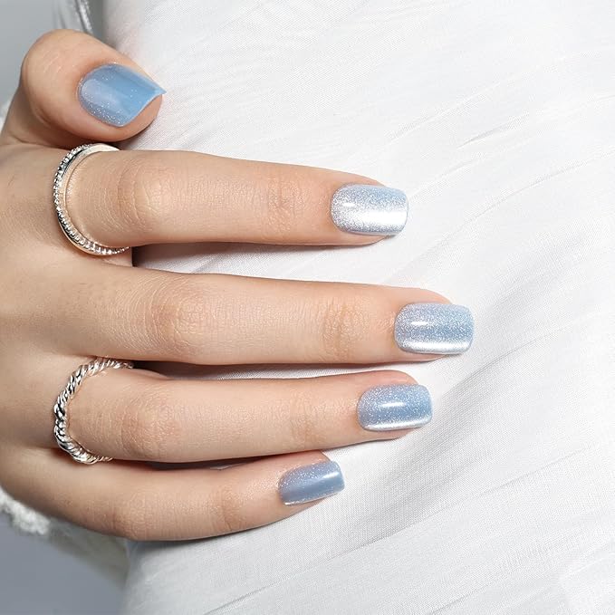 Press On Nails, Short Square Blue Press on Nails Arctic Glazed Nails Press Ons for Women DIY Fake Nails Kit with Glue, Glossy Reusable Glue on Nails Short in 15 Sizes - 30pcs, Arctic Glaze