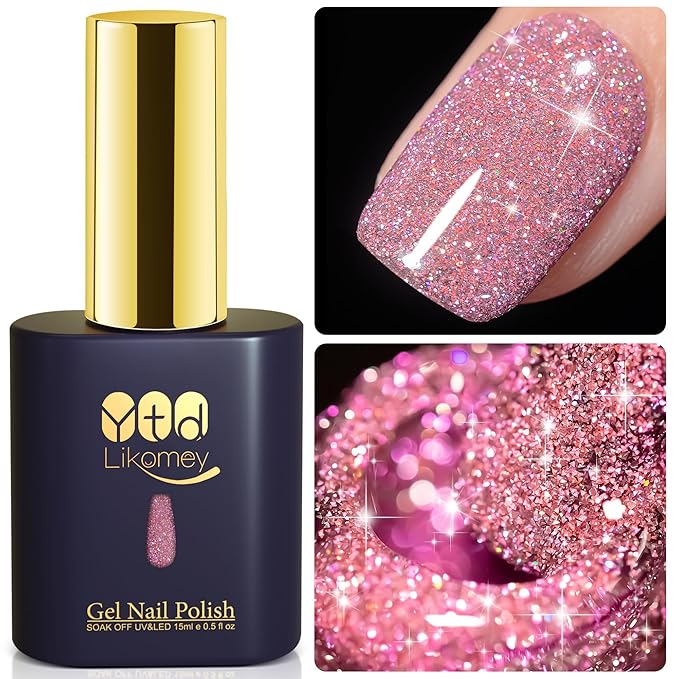 YTD Likomey Gel Nail Polish,Colorful Reflective Glitter 15ml Pink Flash Diamond Shimmer,Sparkly Shiny Salon Home Fall Winter Manicure UV Varnish,SZ397