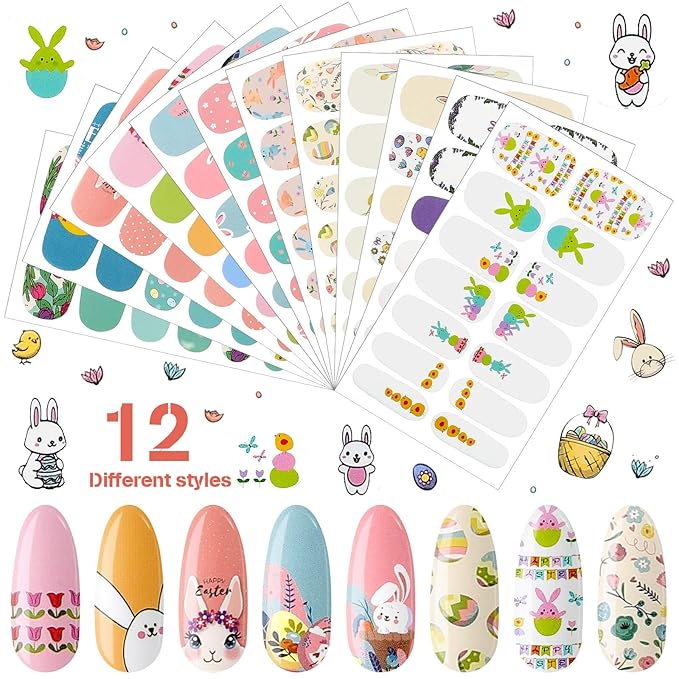 168 Pieces 12 Sheets Easter Nail Wraps Full Art Polish Stickers Spring Easter Self Adhesive Art Decals Strips Eggs Rabbits Chick Sticker with Nail File for Women Girls DIY Manicure