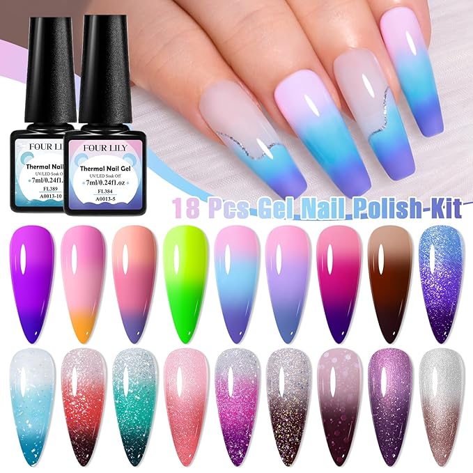 Color Changing Gel Nail Polish Set, 18 Colors Red Pink Glitter Blue Purple Mood Temperature Change Nail Polish Gel Set Soak Off Nail Art Gel DIY Salon Valentine's Day Manicure Gift
