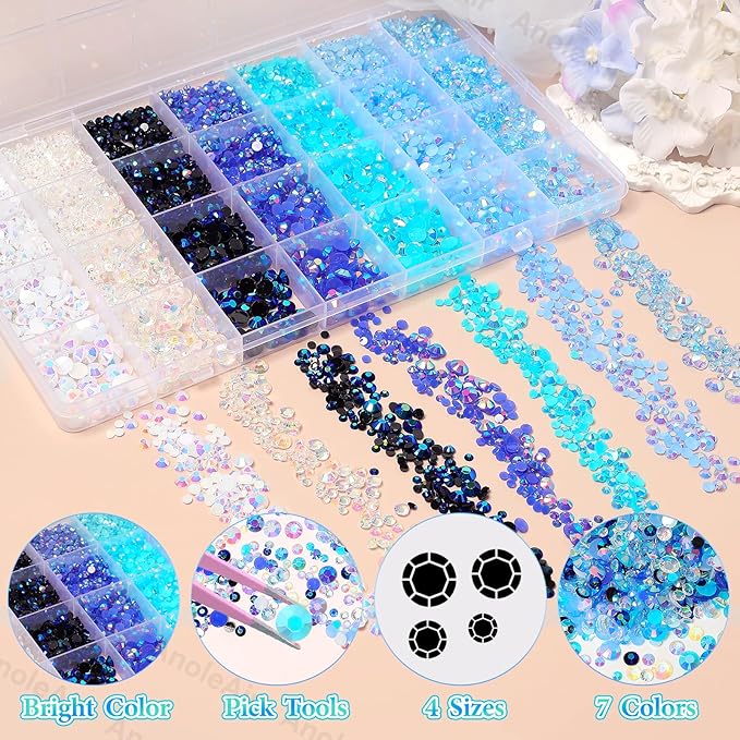 22000Pcs Blue Rhinestones for Bedazzling, Jelly Bedazzling Resin Gems 3-5mm, Blue White Gems Bedazzling Kit for Crafting, Flatback Color Light Blue AB Gems for Nails Face Makeup Tumblers