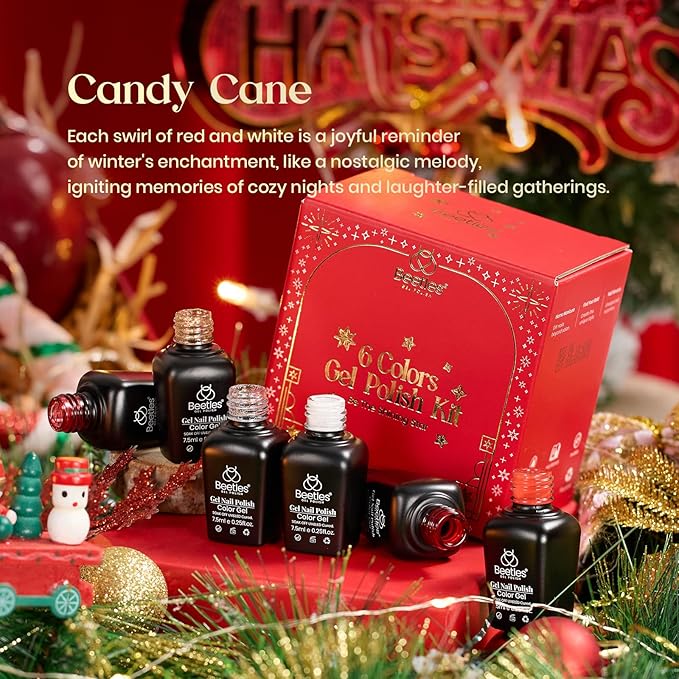 Beetles Gel Nail Polish – Candy Cane Gel Polish Set, 6 Color Burgundy Red Glitter White Silver Snow Holiday Sparkle Manicure Kit Soak off Uv Nail Art Design Gifts for Women