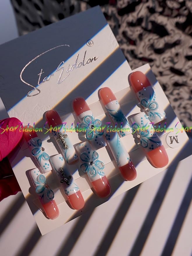 HAND-PAINTED White Press Ons Neon Small Press on Nails Long French Press on Nails Coffin Medium Short Nail art Fake Nail Art Kit with 7g Glue on Nails Handmade Almond Square Nails (TJ-8, Large)