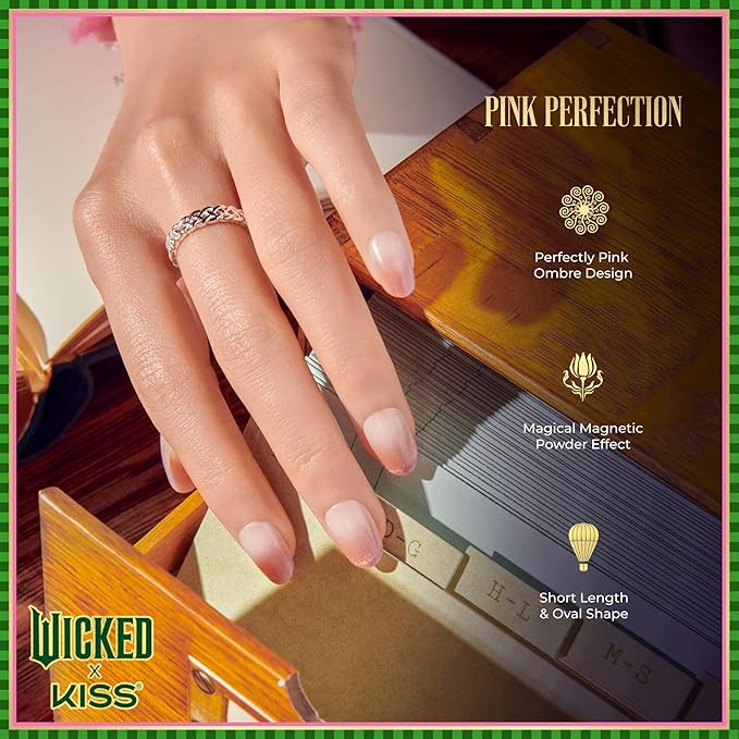 WICKED X KISS Press On Nails, ‘Pink Perfection’, Pink, Short Oval, Waterproof, Chip Proof, Smudge Proof, 28 Fake Nails, Gel Nail Glue (2g), Mini Nail File, & Manicure Stick