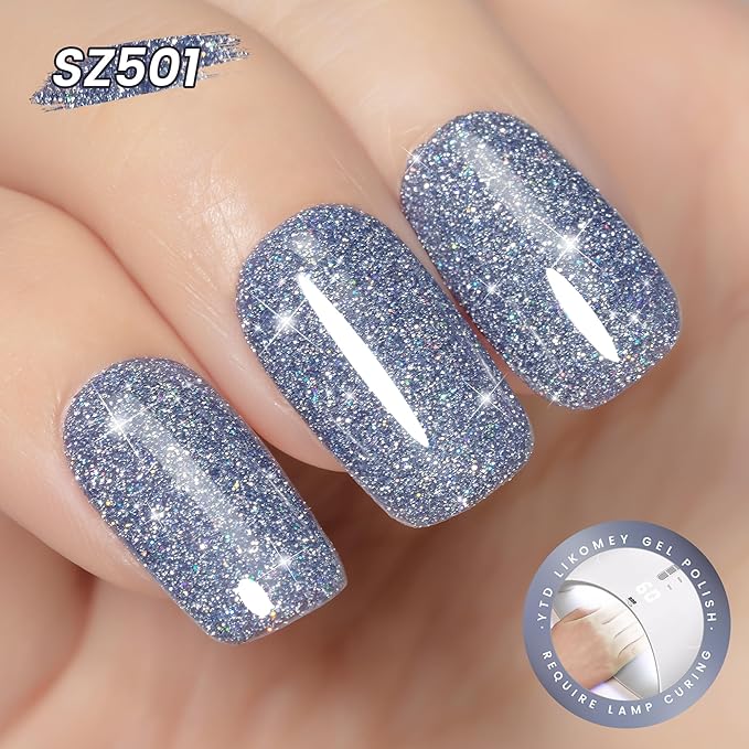 YTD Likomey Colorful Haze Blue Reflective Glitter Gel Nail Polish,15ml Holographic Flash Diamond Shimmer Gel,Sparkly Shiny Fall Winter Salon Home Manicure UV Varnish,SZ501