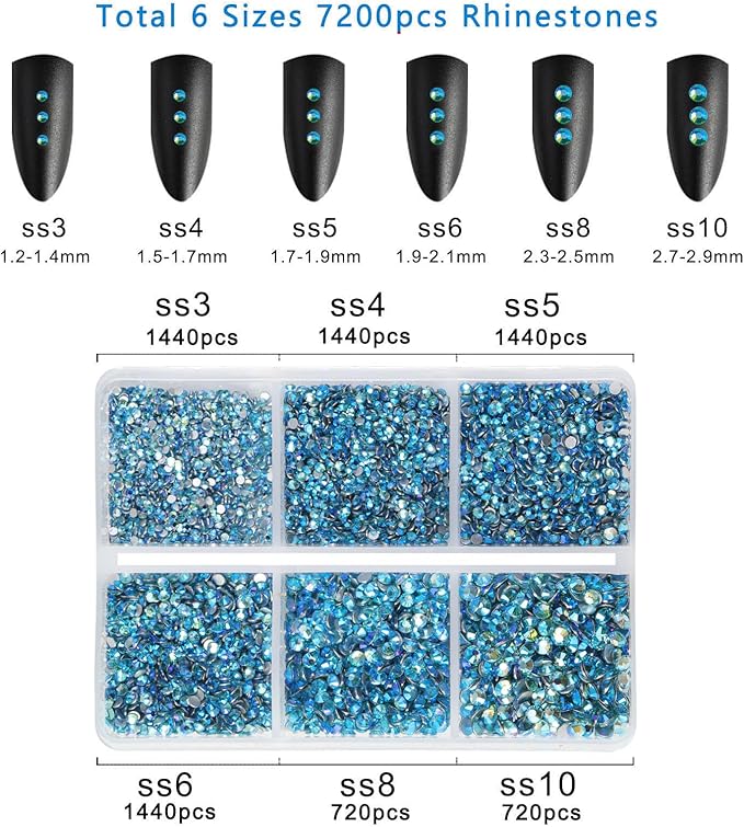 Beadsland 7200pcs Flatback Rhinestones,Blue AB Rhinestone Nail Gems Round Crystal Rhinestones for Crafts,Mixed 6 Sizes with Wax Pencil Kit, SS3-SS10,Aquamarine AB